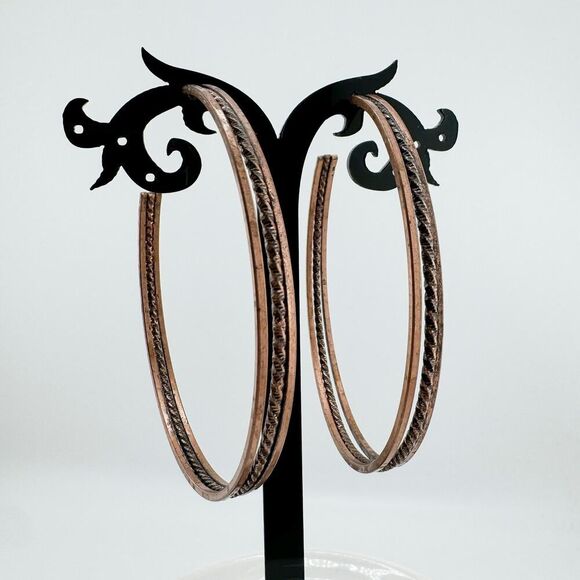 Vintage Large Copper Hoop Earrings Brutalist Statement Filigree Southwestern - Picture 3 of 10